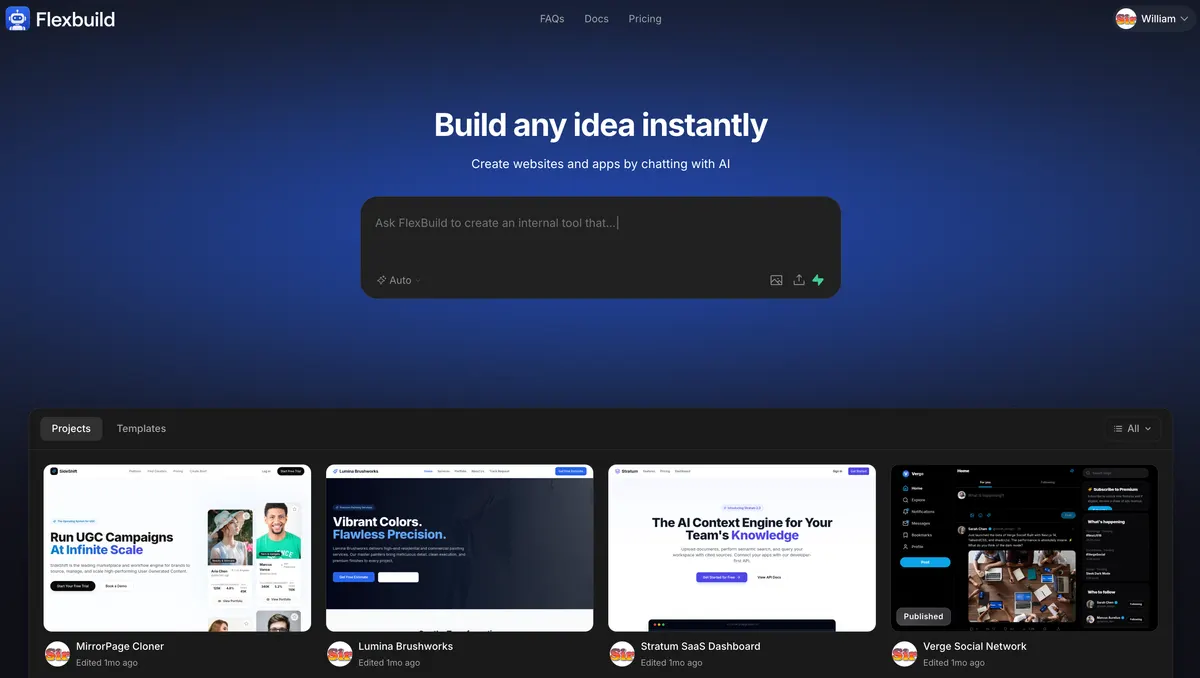 Flexbuild AI website builder — a custom web app built by Sir Vendor Inc, shown on desktop