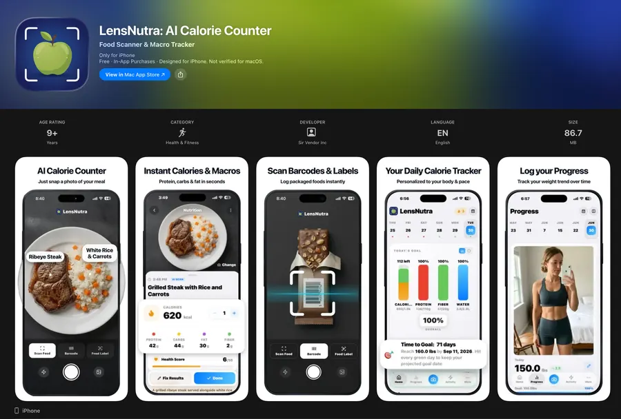 LensNutra iOS calorie-tracking app built by Sir Vendor Inc — App Store listing showing the AI food scanner and macro tracker screens