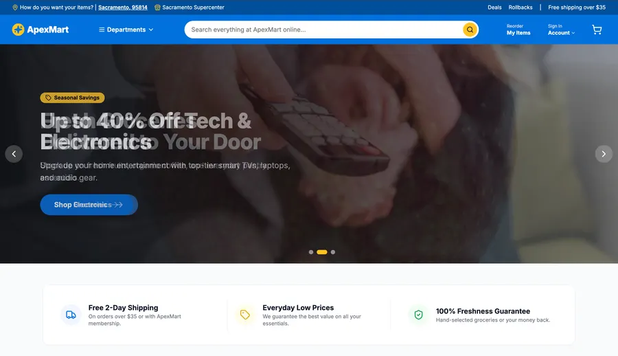 ApexMart online store built by Sir Vendor Inc — e-commerce homepage with product search, category navigation and promotional carousel