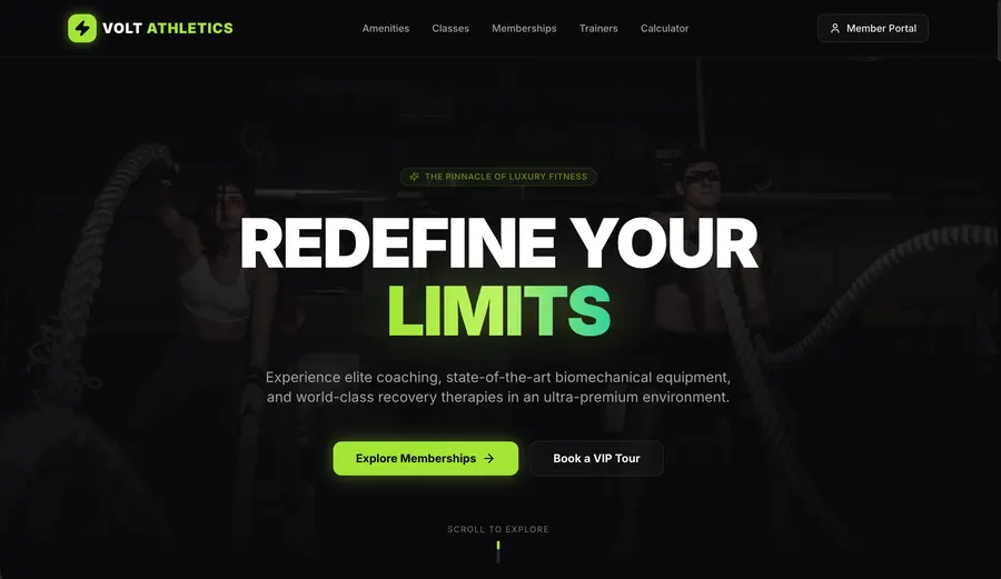 Volt Athletics gym website designed by Sir Vendor Inc — bold dark UI with high-contrast typography and clear membership call to action